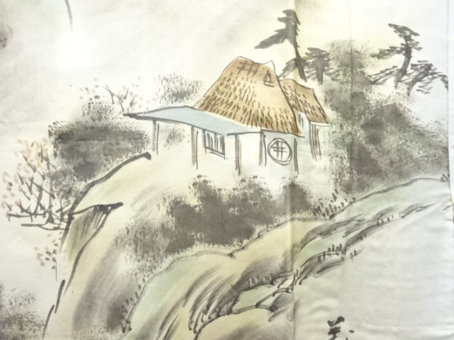 アンティーク　絞り滝に家屋風景模様男物長襦袢